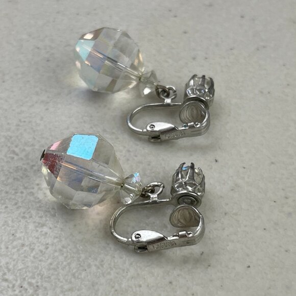 Vintage Crystal Dangle Earrings Large Crystal Faceted Ball Fancy Clip  1990s - Picture 3 of 3